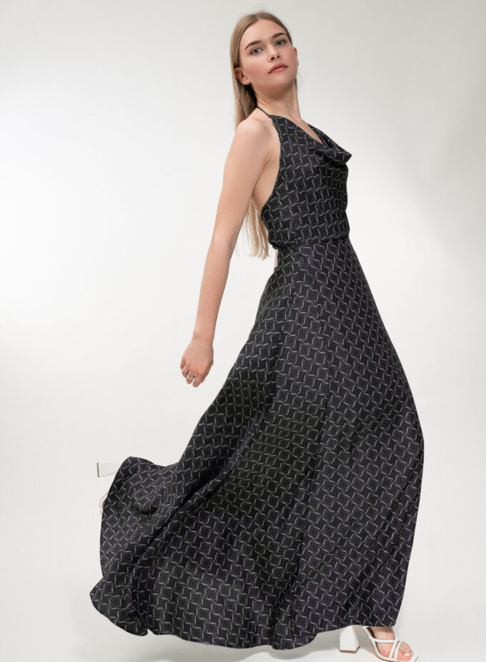 Printed Cowl Neckline Top in Black and Cream