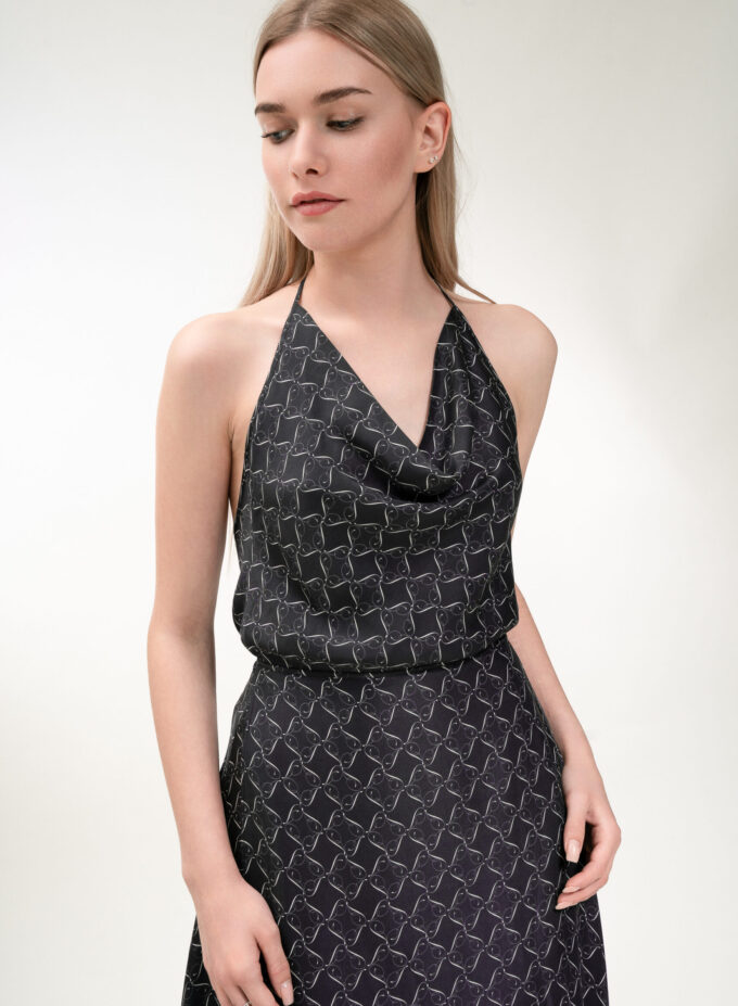 Printed Cowl Neckline Top in Black and Cream