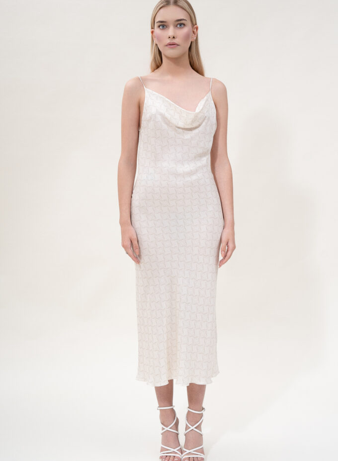 Printed Open-Back Maxi Dress in Cream & Cappuccino