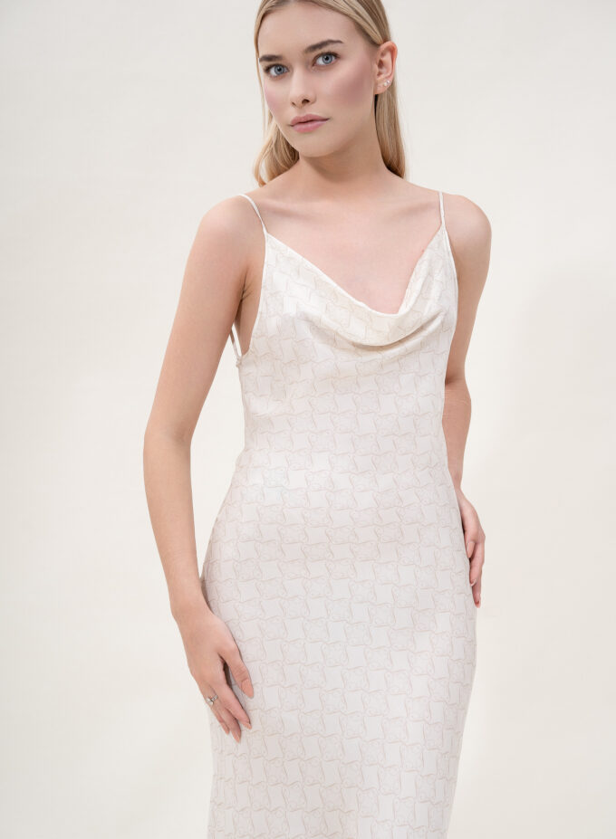 Printed Open-Back Maxi Dress in Cream & Cappuccino