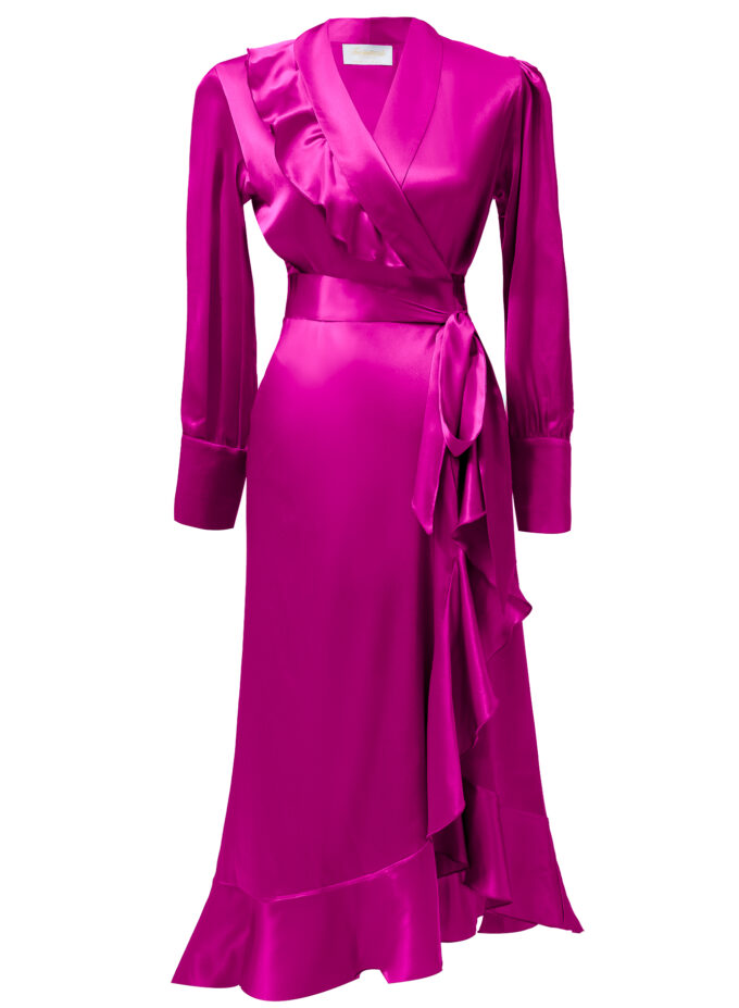 Silk Long Wrap Dress in Fuchsia