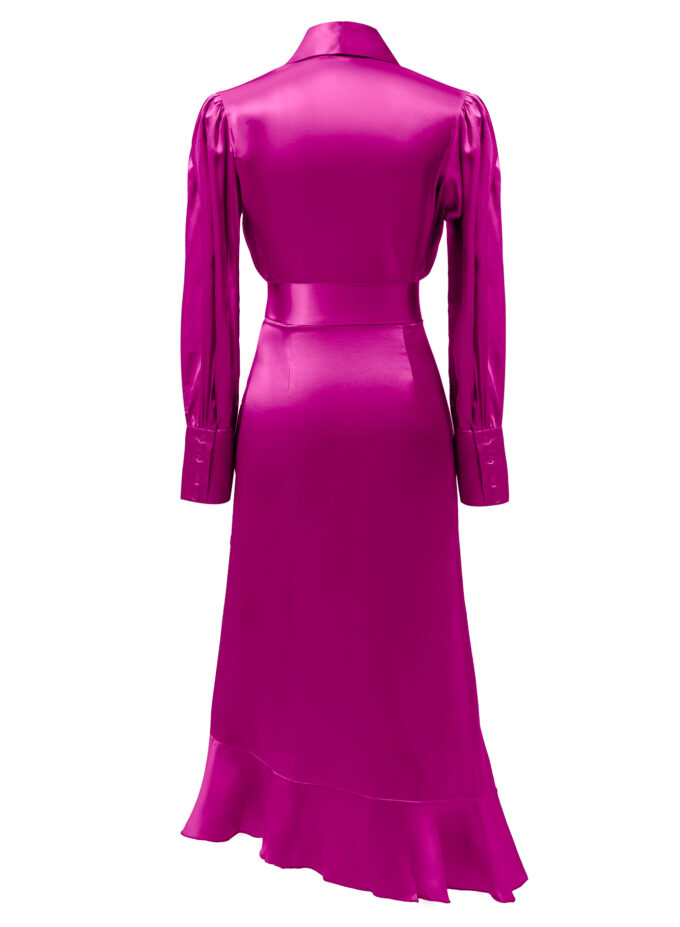 Silk Long Wrap Dress in Fuchsia