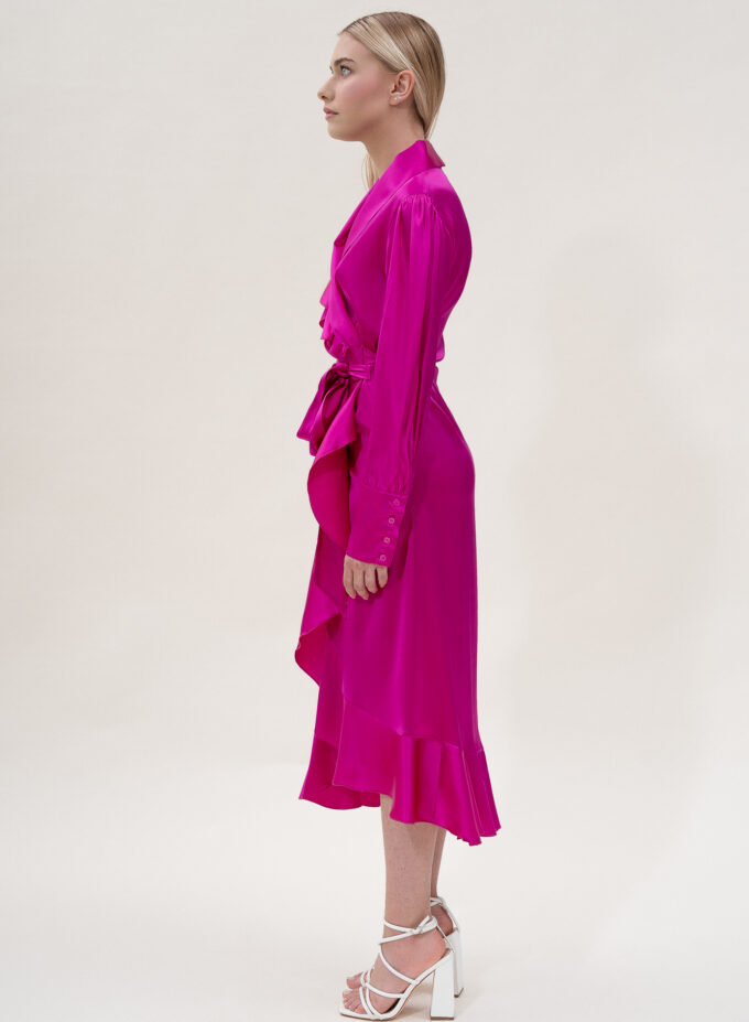 Silk Long Wrap Dress in Fuchsia
