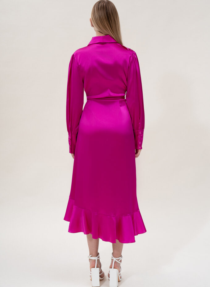 Silk Long Wrap Dress in Fuchsia