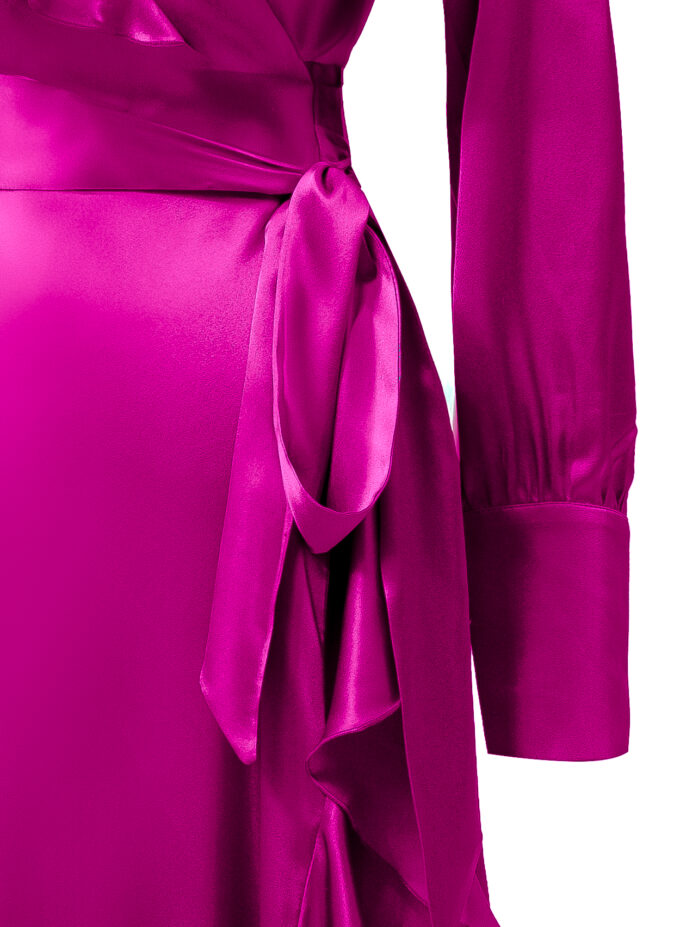Silk Long Wrap Dress in Fuchsia