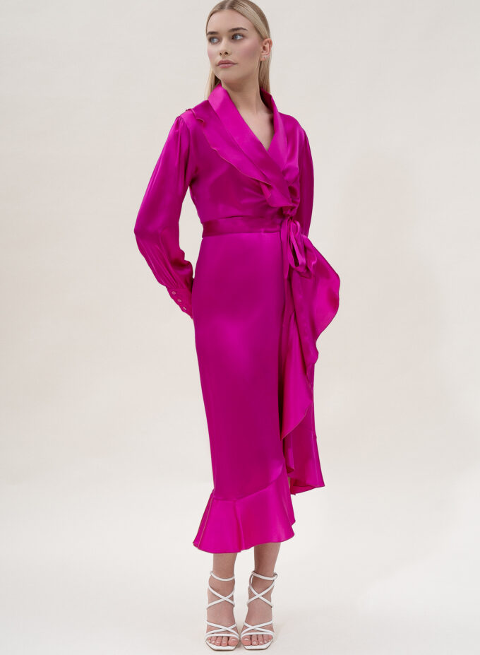 Silk Long Wrap Dress in Fuchsia