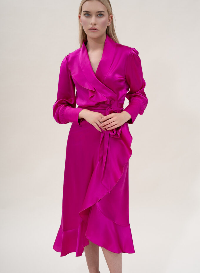 Silk Long Wrap Dress in Fuchsia