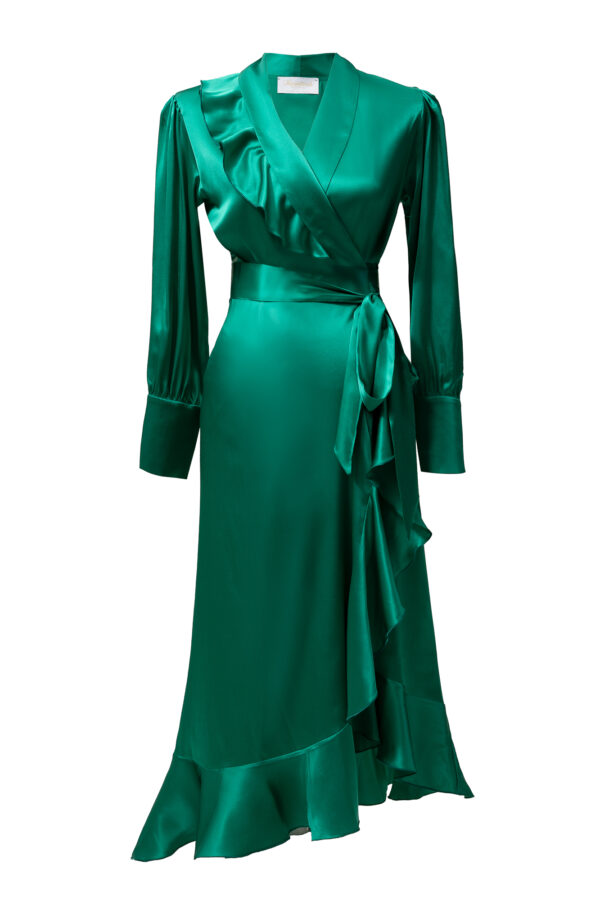 Silk Long Wrap Dress in Green - Image 5