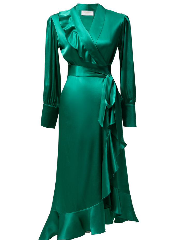 Silk Long Wrap Dress in Green