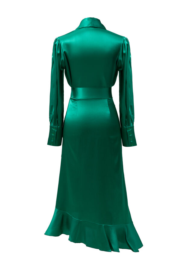 Silk Long Wrap Dress in Green - Image 6