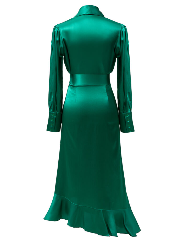 Silk Long Wrap Dress in Green