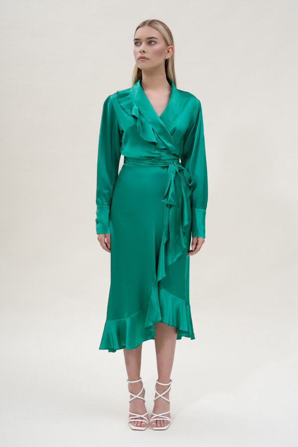 Silk Long Wrap Dress in Green