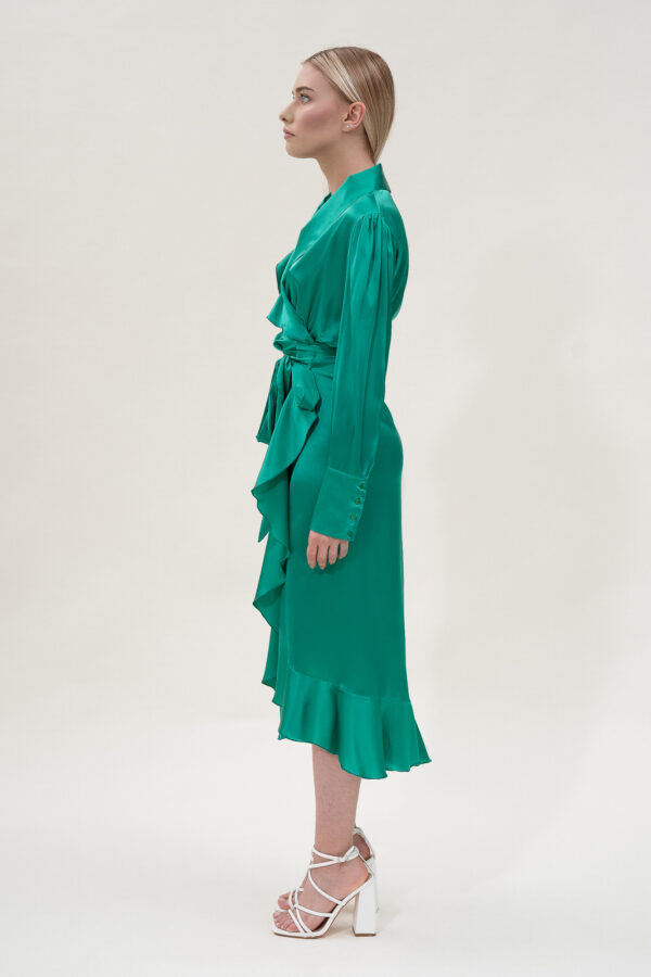 Silk Long Wrap Dress in Green - Image 2