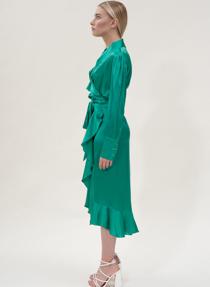 Silk Long Wrap Dress in Green