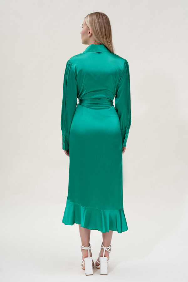 Silk Long Wrap Dress in Green - Image 4