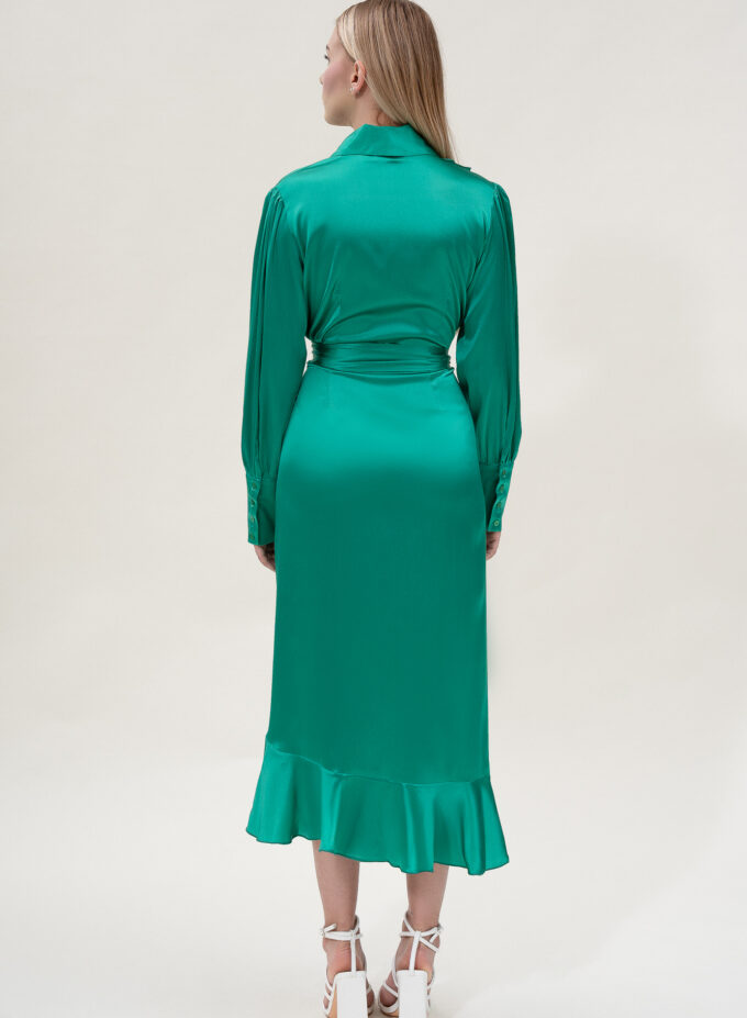 Silk Long Wrap Dress in Green