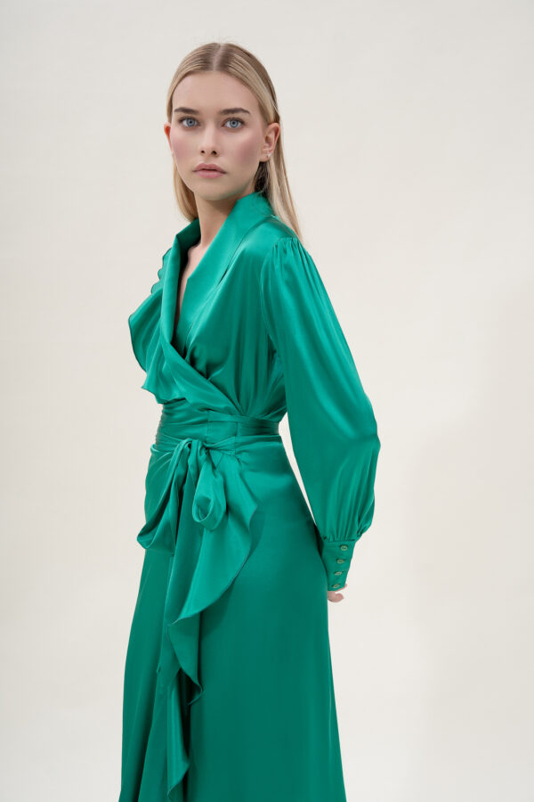 Silk Long Wrap Dress in Green - Image 3