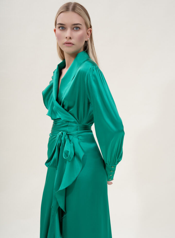 Silk Long Wrap Dress in Green