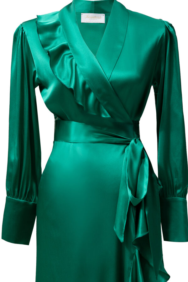 Silk Long Wrap Dress in Green - Image 7