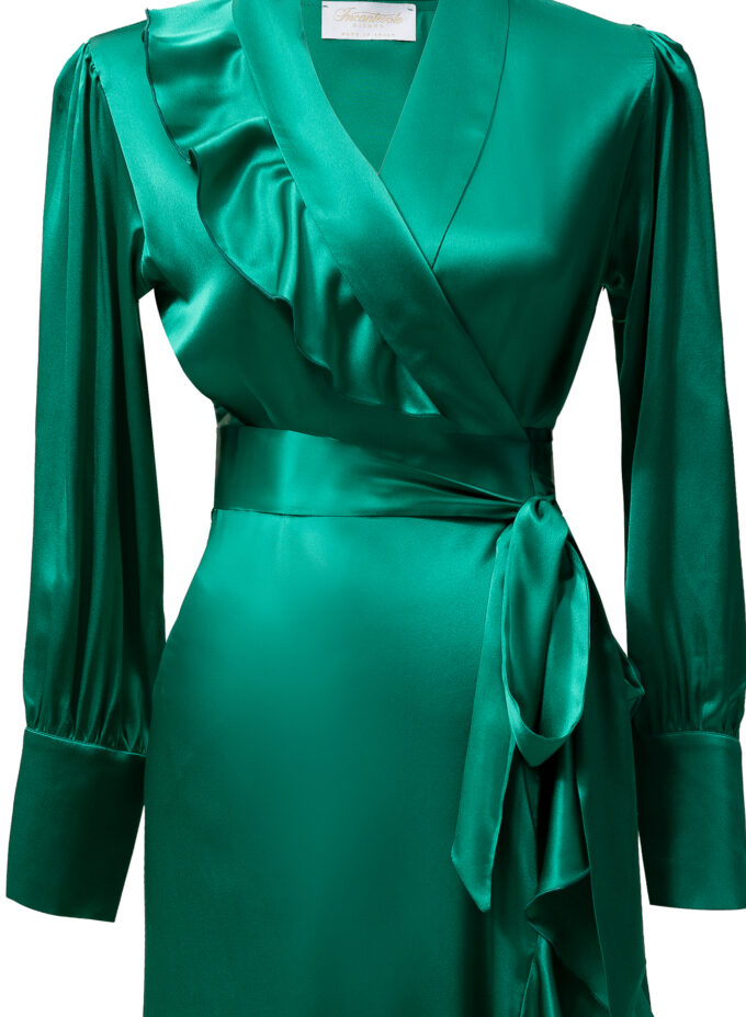 Silk Long Wrap Dress in Green
