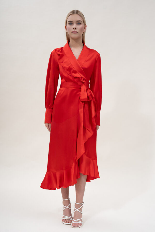 Silk Long Wrap Dress in Red