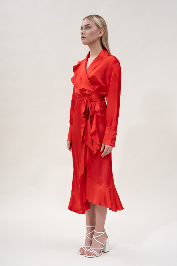 Silk Long Wrap Dress in Red - Image 2