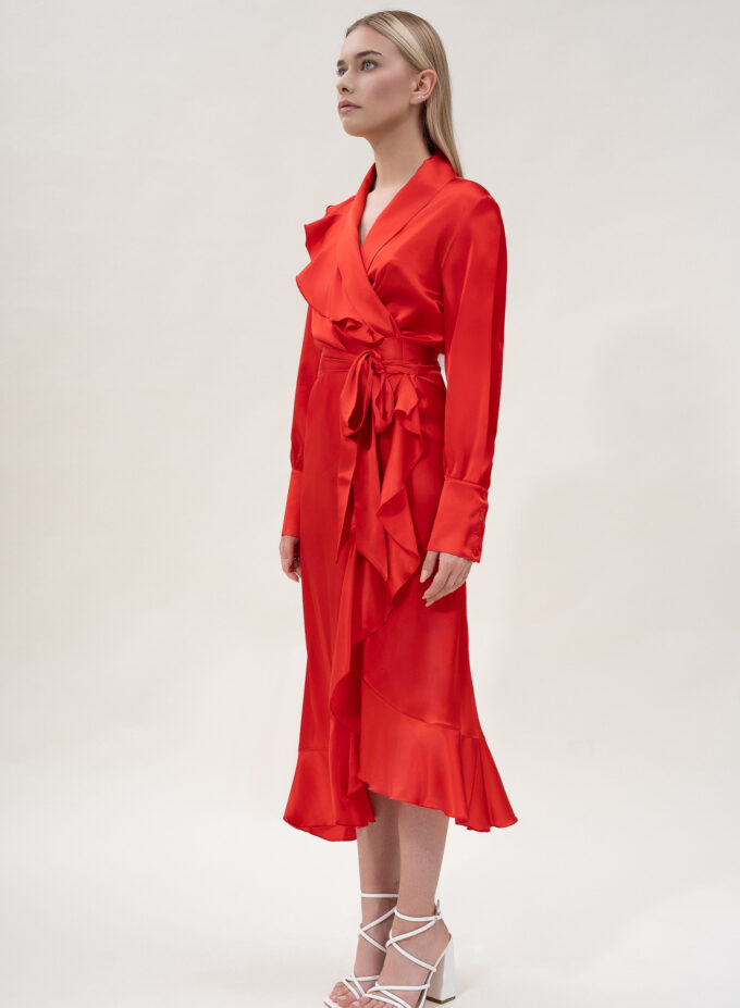 Silk Long Wrap Dress in Red