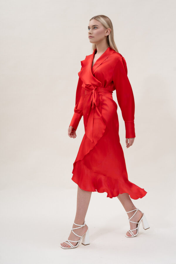 Silk Long Wrap Dress in Red - Image 4