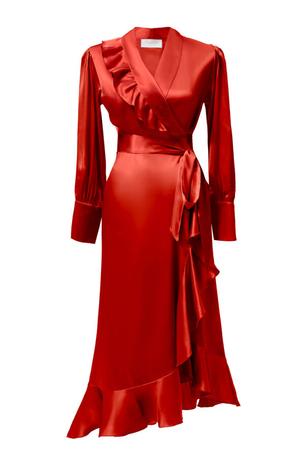 Silk Long Wrap Dress in Red - Image 7