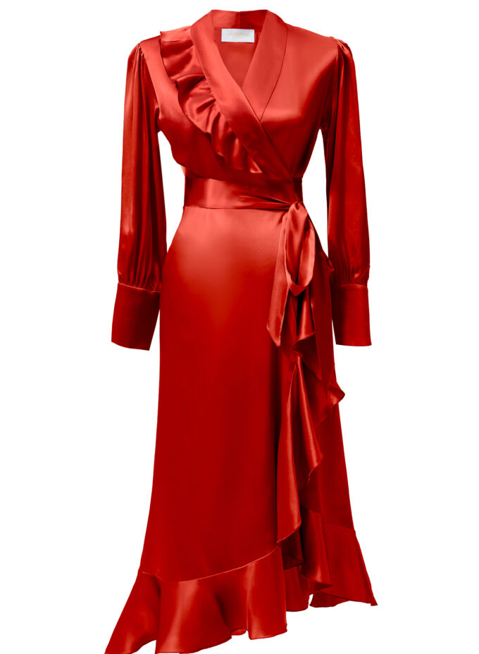 Silk Long Wrap Dress in Red