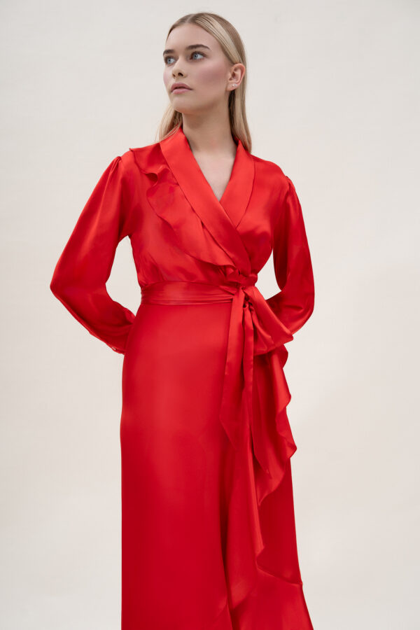 Silk Long Wrap Dress in Red - Image 3