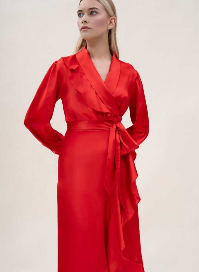 Silk Long Wrap Dress in Red