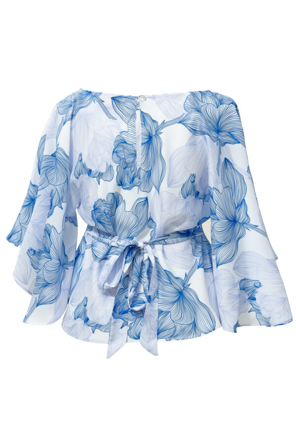 Silk Printed Kimono Top In White & Blue - Image 7