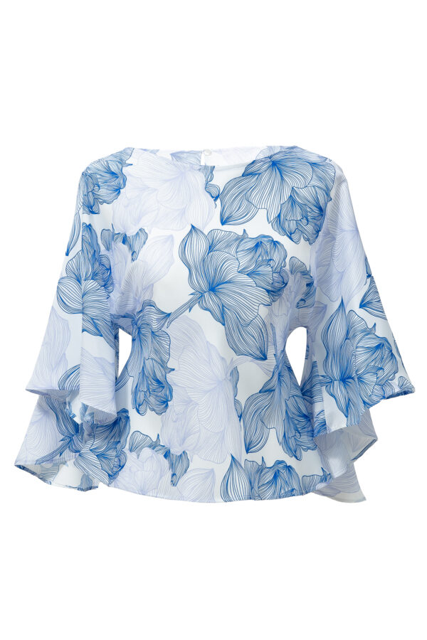 Silk Printed Kimono Top In White & Blue - Image 6