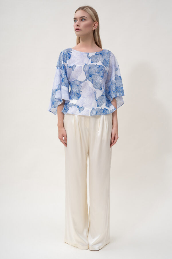 Silk Printed Kimono Top In White & Blue