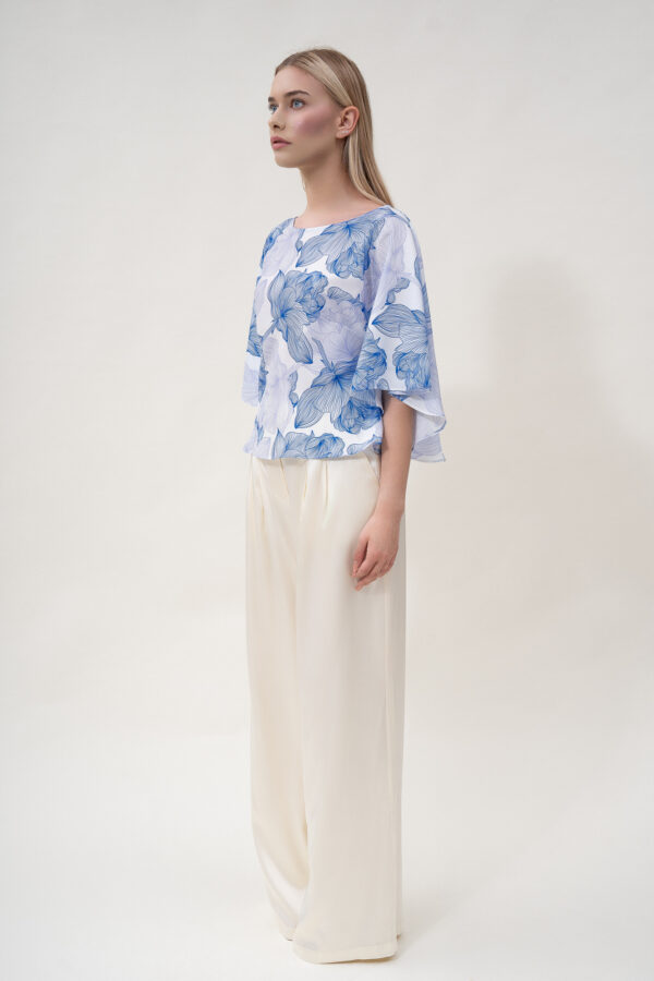 Silk Printed Kimono Top In White & Blue - Image 4