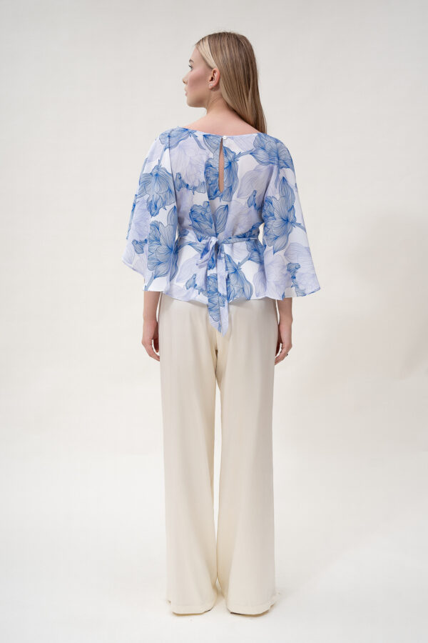 Silk Printed Kimono Top In White & Blue - Image 3