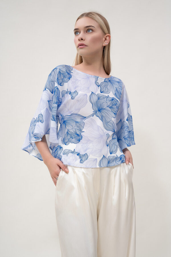 Silk Printed Kimono Top In White & Blue - Image 2