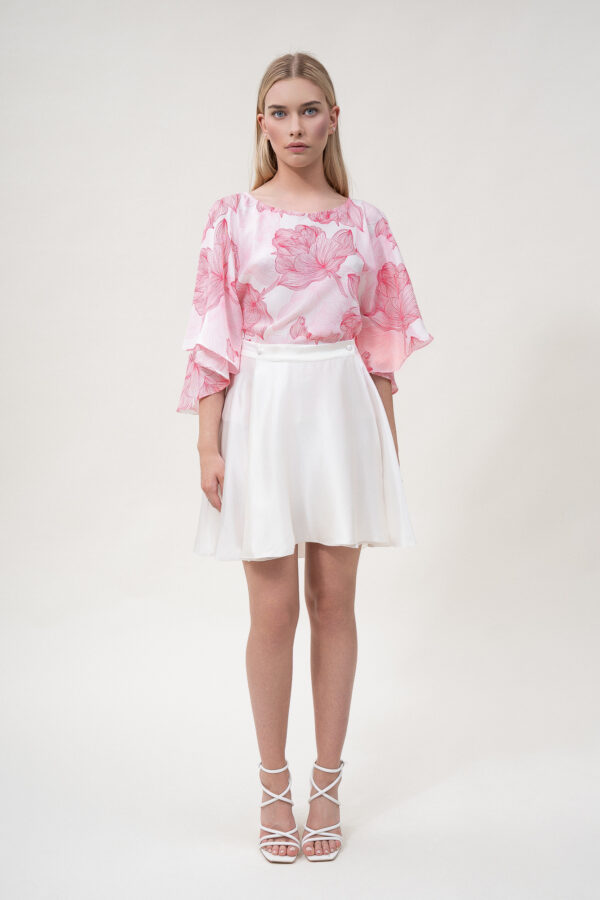 Silk Printed Kimono Top In White & Pink