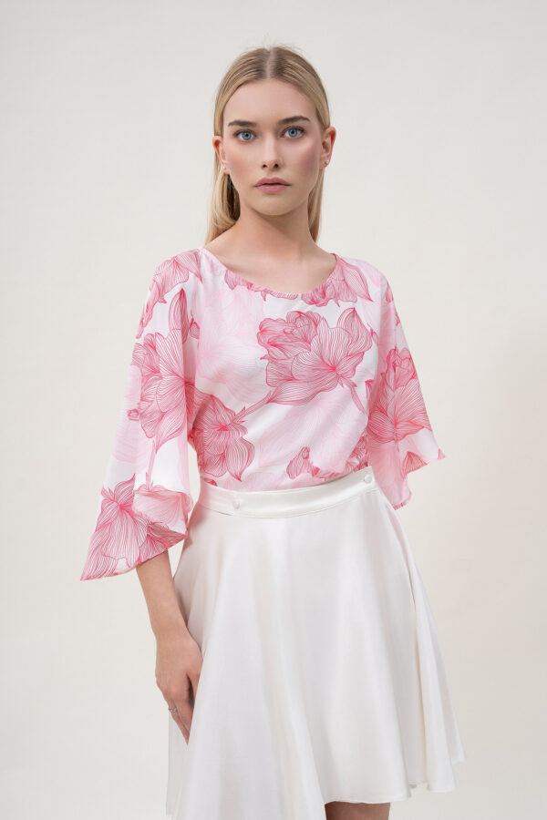 Silk Printed Kimono Top In White & Pink - Image 4