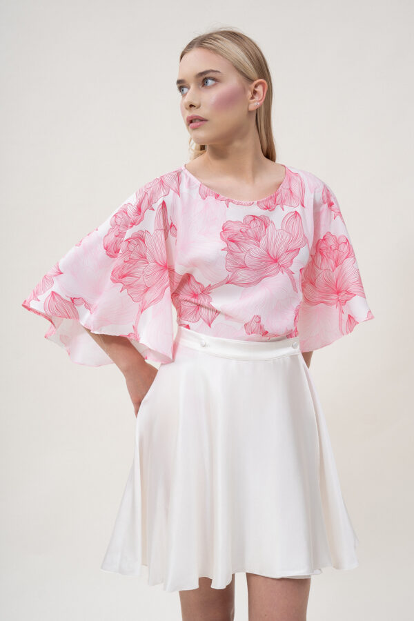 Silk Printed Kimono Top In White & Pink - Image 5