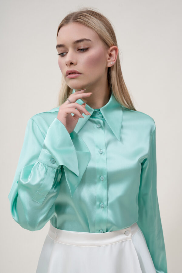 Silk Lantern Sleeve Shirt In Aquamarine - Image 3