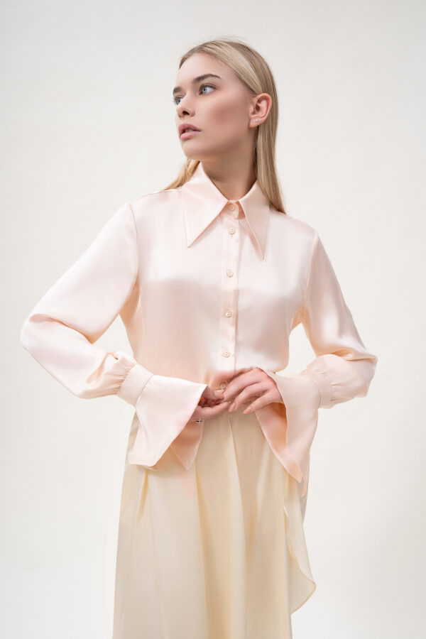 Silk Lantern Sleeve Shirt In Pink - Image 3