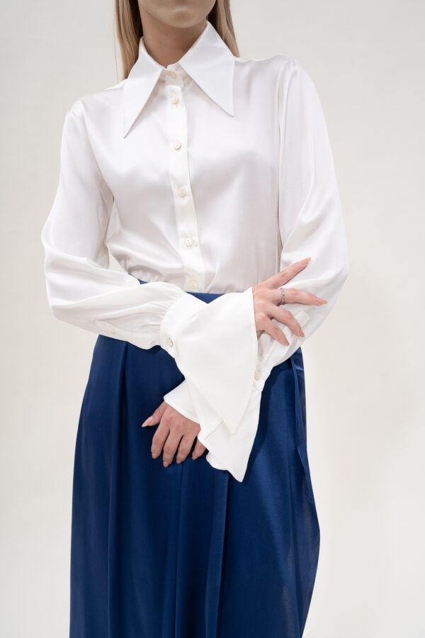 Silk Lantern Sleeve Shirt In White - Image 3