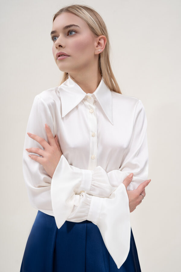 Silk Lantern Sleeve Shirt In White - Image 2