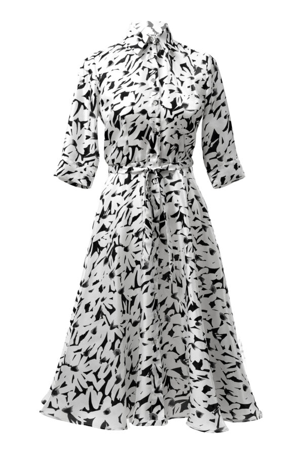 Silk Printed Flared Shirt Dress In Black & White - Image 3