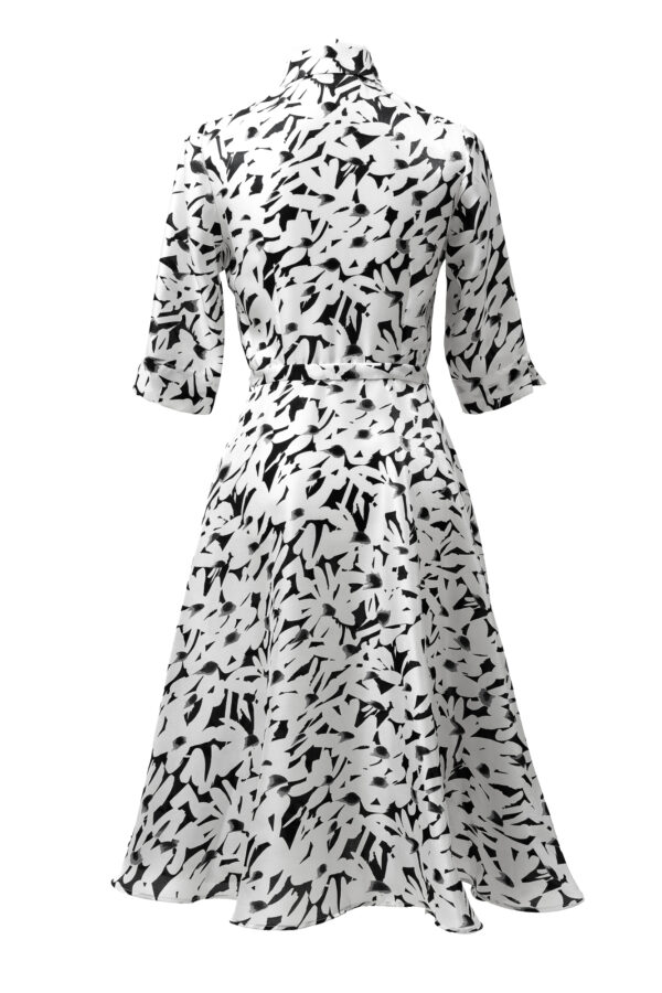 Silk Printed Flared Shirt Dress In Black & White - Image 2