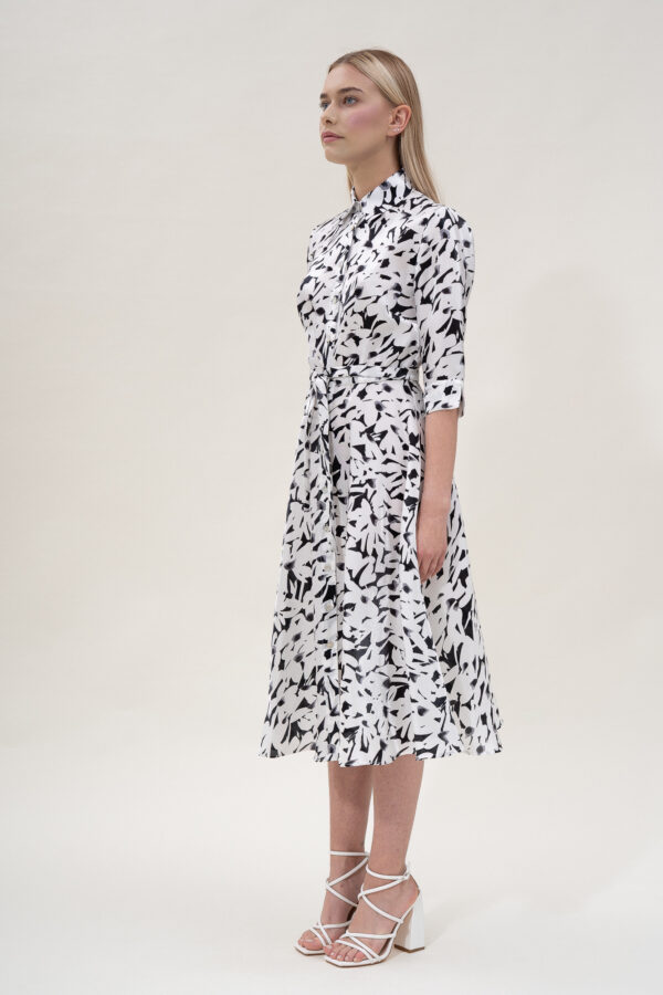 Silk Printed Flared Shirt Dress In Black & White - Image 8