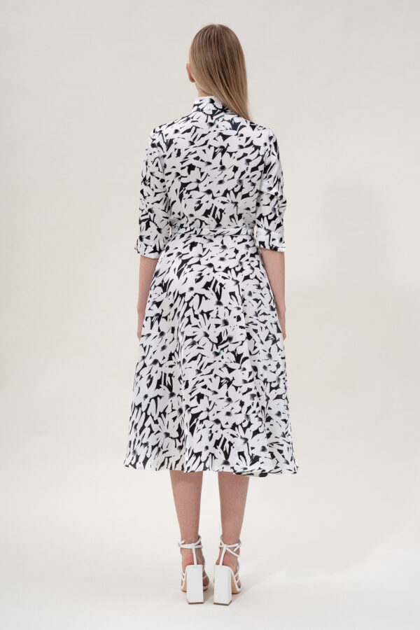 Silk Printed Flared Shirt Dress In Black & White - Image 7