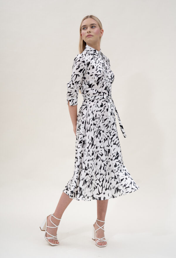 Silk Printed Flared Shirt Dress In Black & White - Image 6